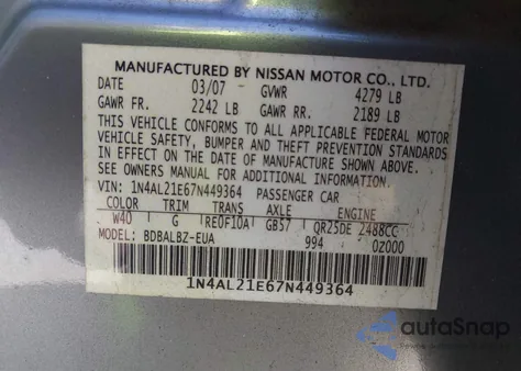 2007 Nissan Altima 2.5 S from USA, damaged, VIN 1N4AL21E67N449364